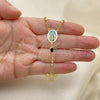 Oro Laminado Thin Rosary, Gold Filled Style Medalla Milagrosa and Cross Design, with Black Azavache, Polished, Golden Finish, 09.02.0032.18