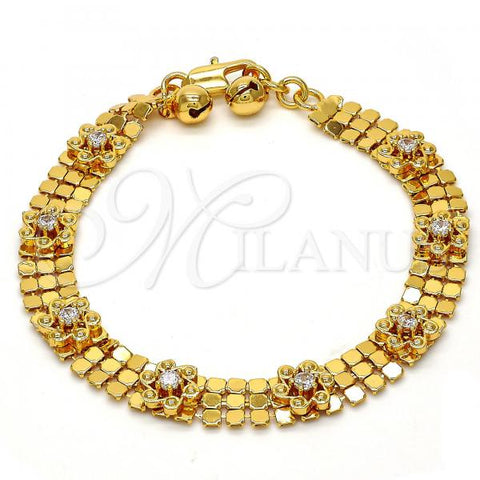 Gold Tone Fancy Bracelet, Flower and Rattle Charm Design, with White Crystal, Polished, Golden Finish, 03.270.0005.07.GT