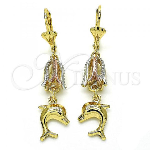 Oro Laminado Long Earring, Gold Filled Style Dolphin Design, Polished, Tricolor, 02.351.0019