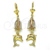 Oro Laminado Long Earring, Gold Filled Style Dolphin Design, Polished, Tricolor, 02.351.0019