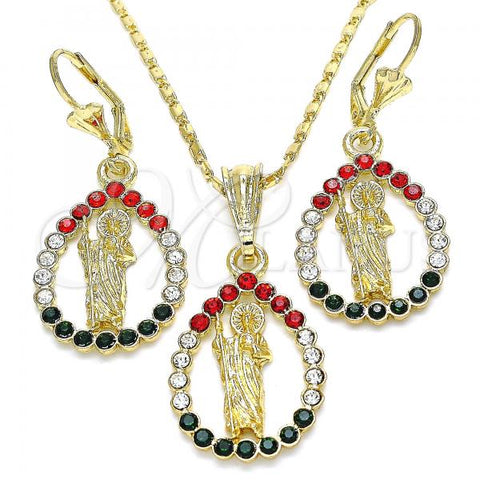 Oro Laminado Earring and Pendant Adult Set, Gold Filled Style San Judas and Teardrop Design, with Multicolor Crystal, Polished, Golden Finish, 10.351.0013.1