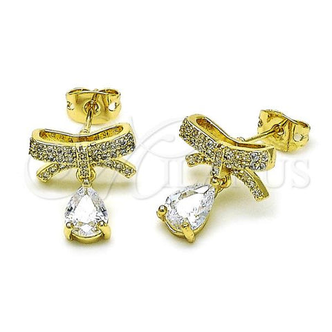 Oro Laminado Stud Earring, Gold Filled Style Bow and Teardrop Design, with White Cubic Zirconia and White Micro Pave, Polished, Golden Finish, 02.213.0644