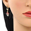 Oro Laminado Dangle Earring, Gold Filled Style Hand of God Design, with White Crystal, Red Enamel Finish, Golden Finish, 02.380.0084.1