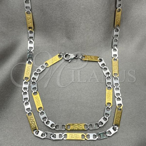 Stainless Steel Necklace and Bracelet, Greek Key Design, Diamond Cutting Finish, Two Tone, 04.113.0045.24