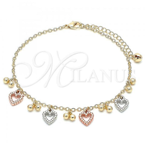 Oro Laminado Charm Anklet , Gold Filled Style Heart and Ball Design, Polished, Tricolor, 03.331.0079.10