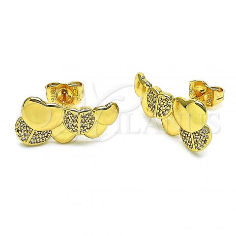 Oro Laminado Stud Earring, Gold Filled Style Heart Design, with White Micro Pave, Polished, Golden Finish, 02.156.0662