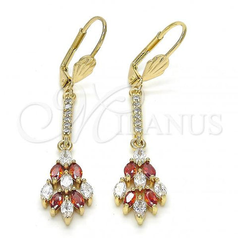 Oro Laminado Long Earring, Gold Filled Style with Garnet and White Cubic Zirconia, Polished, Golden Finish, 02.210.0192.1