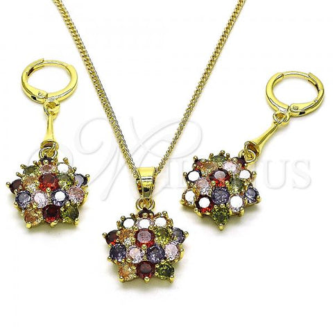 Oro Laminado Earring and Pendant Adult Set, Gold Filled Style Flower Design, with Multicolor Cubic Zirconia, Polished, Golden Finish, 10.387.0010.1