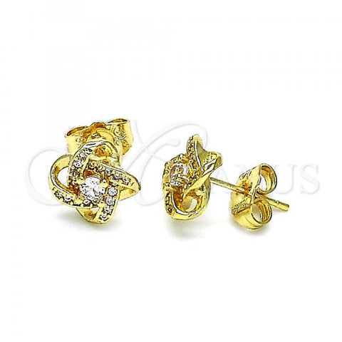 Oro Laminado Stud Earring, Gold Filled Style Love Knot Design, with White Micro Pave and White Cubic Zirconia, Polished, Golden Finish, 02.156.0652