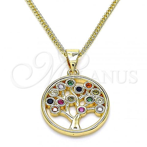 Oro Laminado Pendant Necklace, Gold Filled Style Tree Design, with Multicolor Cubic Zirconia, Polished, Golden Finish, 04.156.0386.1.20