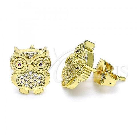 Oro Laminado Stud Earring, Gold Filled Style Owl Design, with Ruby and White Micro Pave, Polished, Golden Finish, 02.156.0599
