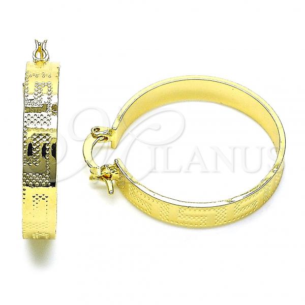 Oro Laminado Medium Hoop, Gold Filled Style Greek Key Design, Diamond Cutting Finish, Golden Finish, 02.170.0400.30