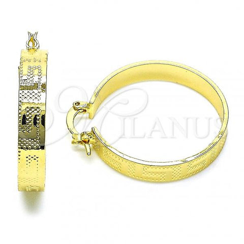 Oro Laminado Medium Hoop, Gold Filled Style Greek Key Design, Diamond Cutting Finish, Golden Finish, 02.170.0400.30