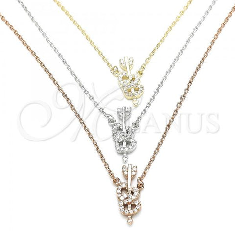 Sterling Silver Pendant Necklace, Heart Design, with White Cubic Zirconia, Polished, Tricolor, 04.369.0005.18