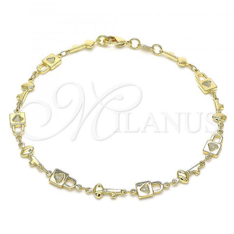 Oro Laminado Fancy Anklet, Gold Filled Style Lock and key Design, Polished, Golden Finish, 03.326.0021.10