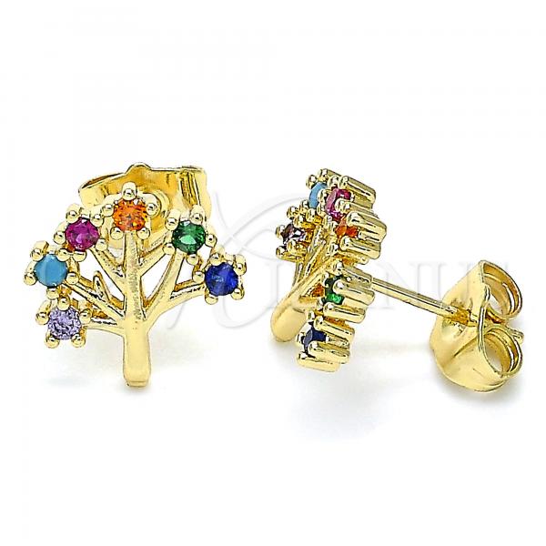 Oro Laminado Stud Earring, Gold Filled Style Tree Design, with Multicolor Cubic Zirconia, Polished, Golden Finish, 02.210.0445.1
