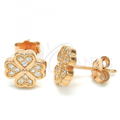 Sterling Silver Stud Earring, Four-leaf Clover Design, with White Micro Pave, Polished, Rose Gold Finish, 02.336.0096.1
