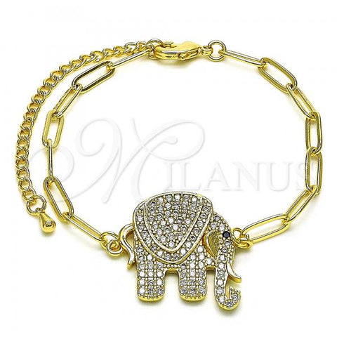 Oro Laminado Fancy Bracelet, Gold Filled Style Paperclip and Elephant Design, with White and Black Micro Pave, Polished, Golden Finish, 03.316.0078.1.07