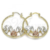 Oro Laminado Medium Hoop, Gold Filled Style Flower and Elephant Design, Diamond Cutting Finish, Tricolor, 02.351.0105.35