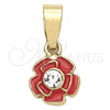 Oro Laminado Fancy Pendant, Gold Filled Style Flower Design, with White Crystal, Dark Pink Enamel Finish, Golden Finish, 05.163.0073.2