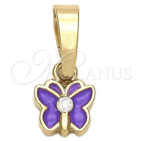 Oro Laminado Fancy Pendant, Gold Filled Style Butterfly Design, with White Crystal, Purple Enamel Finish, Golden Finish, 05.163.0065.2