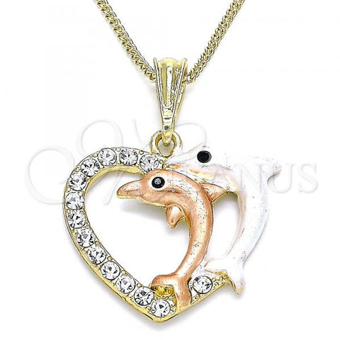 Oro Laminado Pendant Necklace, Gold Filled Style Heart and Dolphin Design, with White and Black Crystal, Polished, Tricolor, 04.380.0029.20
