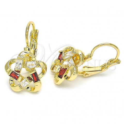 Oro Laminado Leverback Earring, Gold Filled Style Flower Design, with Garnet and White Cubic Zirconia, Polished, Golden Finish, 02.210.0214.2