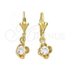 Oro Laminado Dangle Earring, Gold Filled Style Flower Design, with White Cubic Zirconia, Polished, Golden Finish, 5.073.012