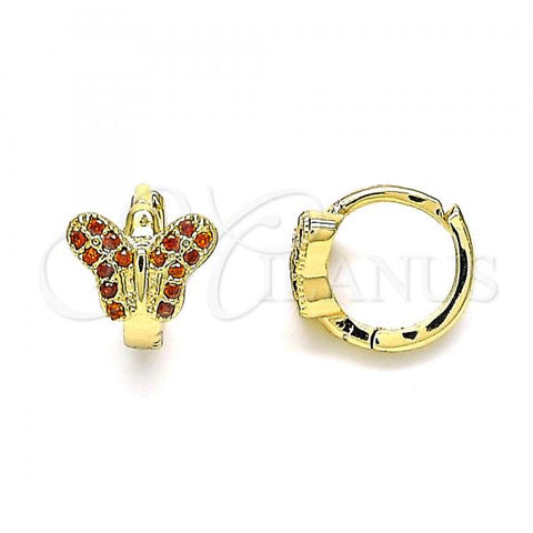 Oro Laminado Huggie Hoop, Gold Filled Style Butterfly Design, with Garnet Micro Pave, Polished, Golden Finish, 02.210.0564.10