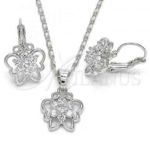 Rhodium Plated Earring and Pendant Adult Set, Butterfly and Flower Design, with White Cubic Zirconia, Polished, Rhodium Finish, 10.210.0100.4