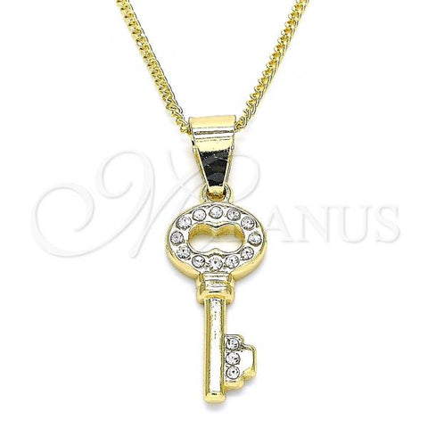 Oro Laminado Pendant Necklace, Gold Filled Style key Design, with White Crystal, Polished, Golden Finish, 04.213.0193.20