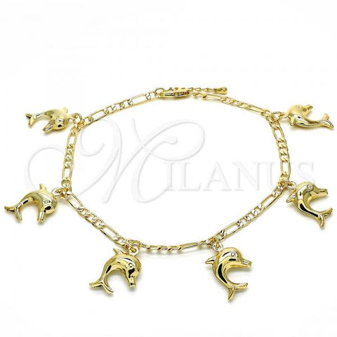 Oro Laminado Charm Anklet , Gold Filled Style Dolphin Design, Polished, Golden Finish, 03.63.2024.10