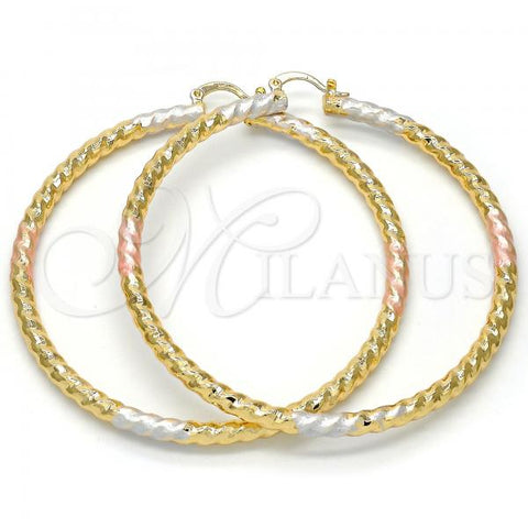 Oro Laminado Large Hoop, Gold Filled Style Hollow and Twist Design, Polished, Tricolor, 02.170.0108.1.70