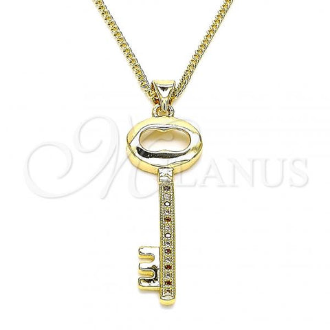 Oro Laminado Pendant Necklace, Gold Filled Style key Design, with Garnet and White Micro Pave, Polished, Golden Finish, 04.156.0429.1.20