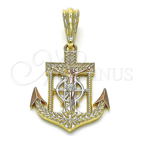 Oro Laminado Religious Pendant, Gold Filled Style Anchor Design, Diamond Cutting Finish, Tricolor, 05.196.0014