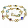Oro Laminado Fancy Anklet, Gold Filled Style Evil Eye and Four-leaf Clover Design, Multicolor Resin Finish, Golden Finish, 03.326.0011.10