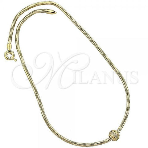 Oro Laminado Pendant Necklace, Gold Filled Style Rat Tail Design, with White Micro Pave, Polished, Golden Finish, 04.63.0010