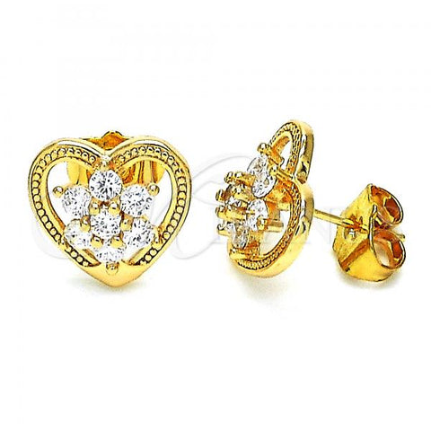 Oro Laminado Stud Earring, Gold Filled Style Heart and Flower Design, with White Cubic Zirconia, Polished, Golden Finish, 02.387.0080