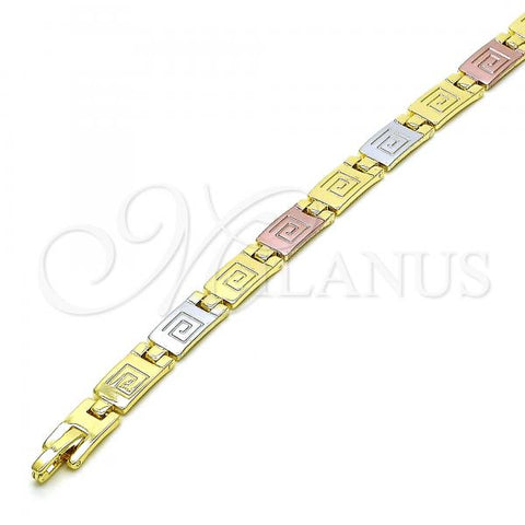 Oro Laminado Solid Bracelet, Gold Filled Style Greek Key Design, Polished, Tricolor, 03.102.0063.08