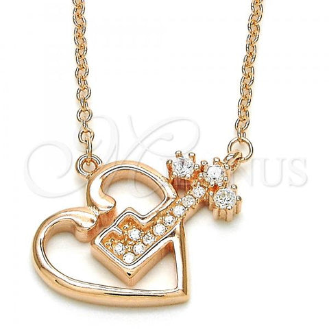 Sterling Silver Pendant Necklace, Heart and key Design, with White Cubic Zirconia and White Crystal, Polished, Rose Gold Finish, 04.336.0063.1.16
