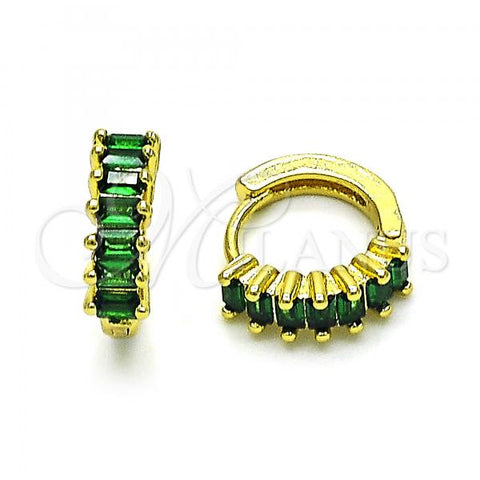 Oro Laminado Huggie Hoop, Gold Filled Style Baguette Design, with Green Cubic Zirconia, Polished, Golden Finish, 02.381.0011.2.12