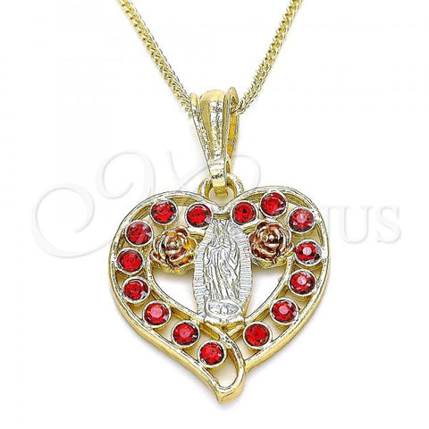Oro Laminado Pendant Necklace, Gold Filled Style Guadalupe and Heart Design, with Garnet Crystal, Polished, Tricolor, 04.351.0025.20
