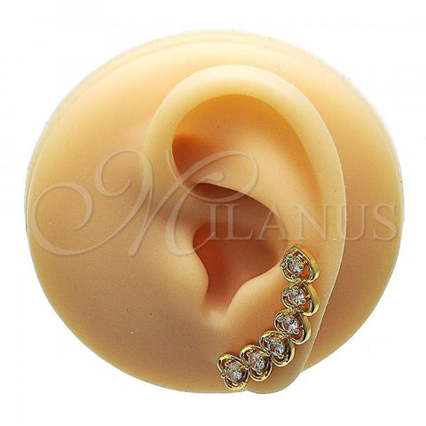 Oro Laminado Earcuff Earring, Gold Filled Style Heart Design, with White Cubic Zirconia, Polished, Golden Finish, 02.210.0700