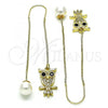 Oro Laminado Threader Earring, Gold Filled Style Owl Design, with Black and White Micro Pave, Polished, Golden Finish, 02.210.0812