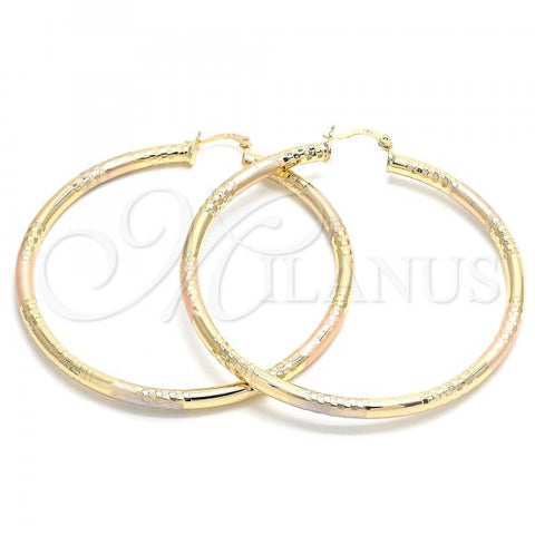 Oro Laminado Extra Large Hoop, Gold Filled Style Hollow Design, Diamond Cutting Finish, Tricolor, 02.170.0262.1.70