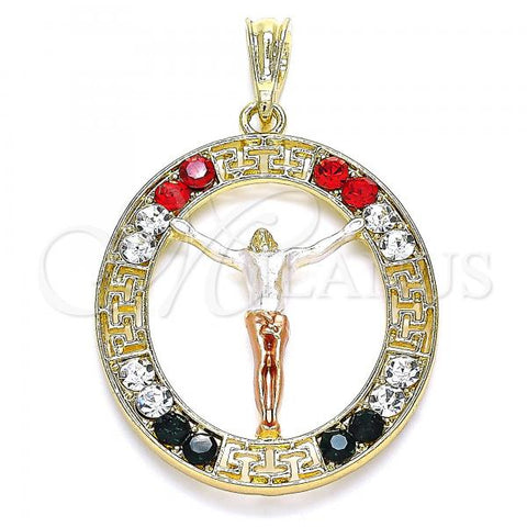 Oro Laminado Religious Pendant, Gold Filled Style Jesus and Greek Key Design, with Multicolor Crystal, Polished, Tricolor, 05.380.0034.1