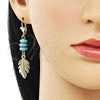 Oro Laminado Long Earring, Gold Filled Style Leaf Design, with Turquoise Crystal, Polished, Golden Finish, 02.414.0008