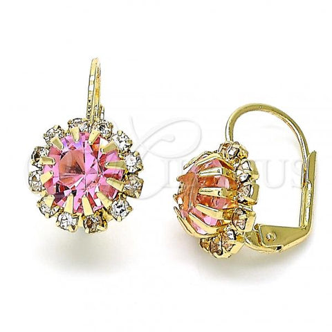 Oro Laminado Leverback Earring, Gold Filled Style Flower Design, with Pink and White Crystal, Polished, Golden Finish, 5.125.009.2