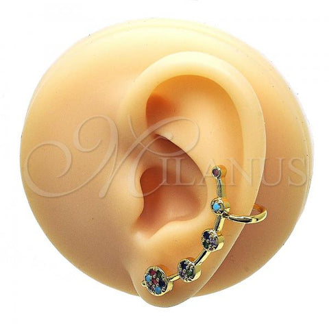 Oro Laminado Earcuff Earring, Gold Filled Style with Multicolor Cubic Zirconia, Polished, Golden Finish, 02.210.0633