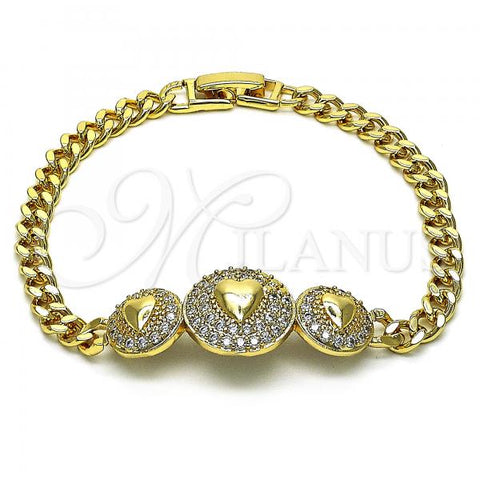 Oro Laminado Fancy Bracelet, Gold Filled Style Heart and Miami Cuban Design, with White Cubic Zirconia, Polished, Golden Finish, 03.283.0293.07